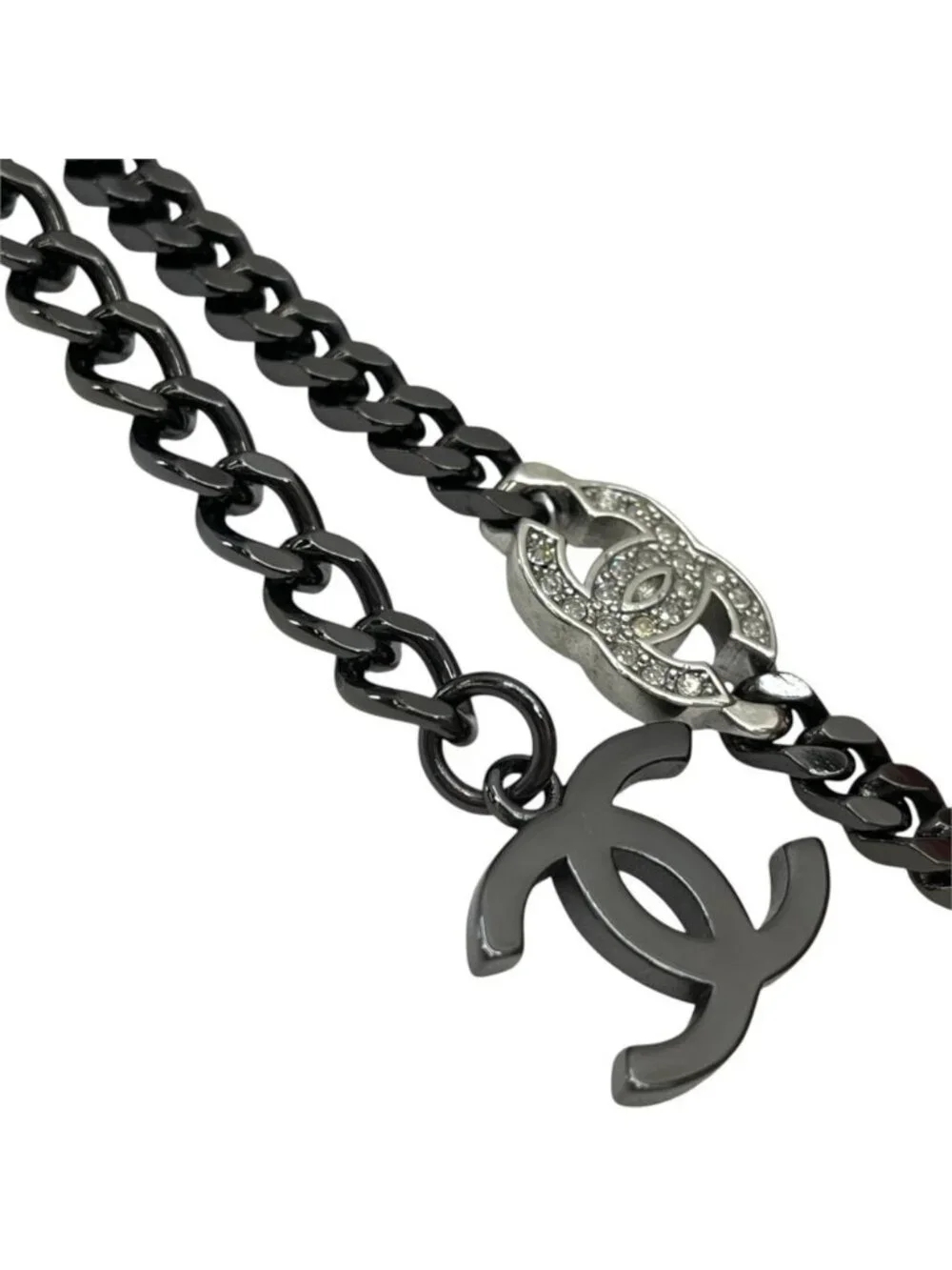 Chanel Choker Chain Pendant CC Logo Rhinestone Gunmetal Black Silver Necklace